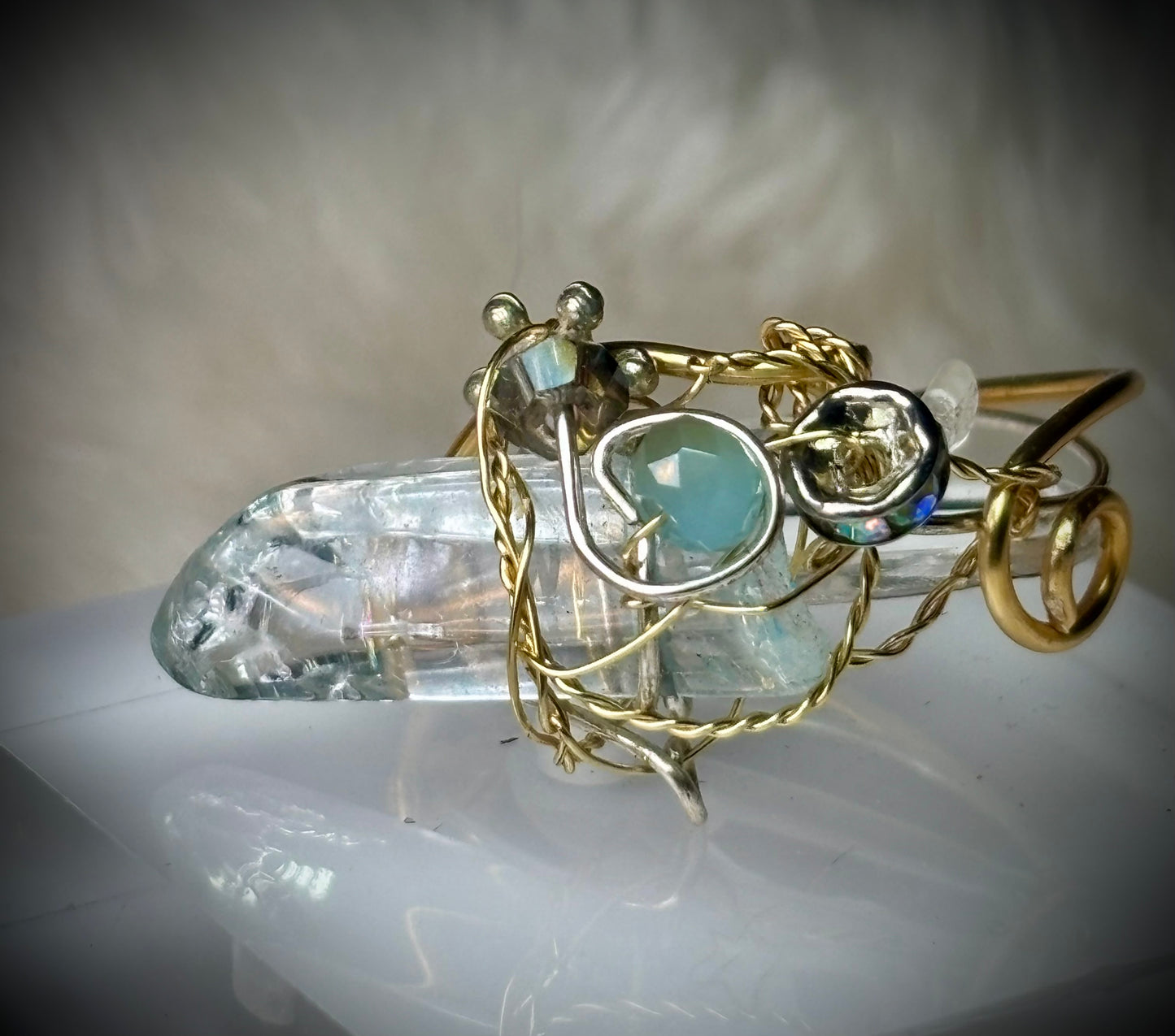 Blue quartz crystal ring a radiated 