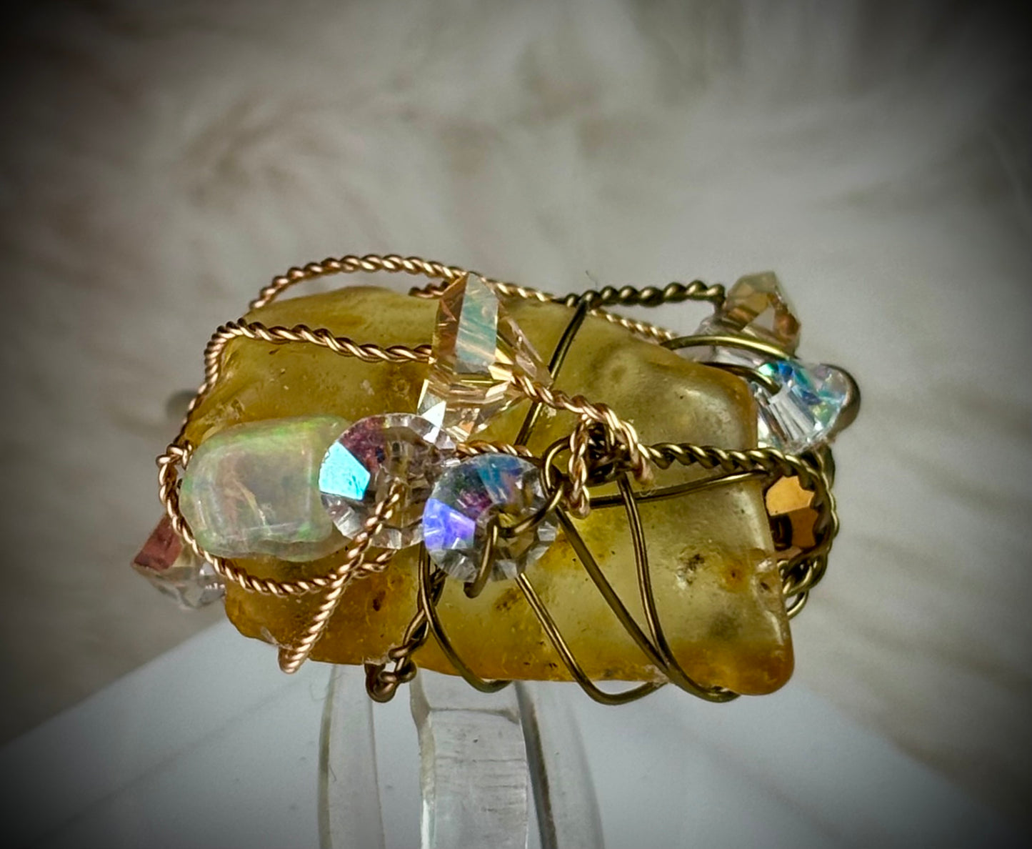 Amber and Opal ring: ancient fire