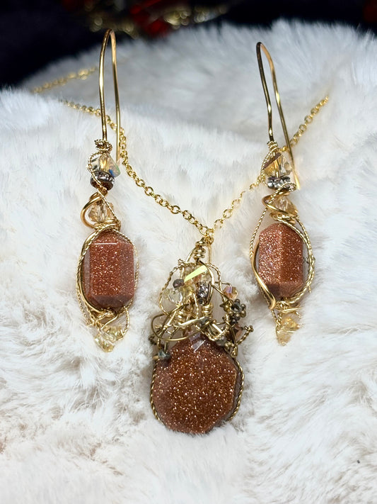 Spark of the soul: goldstone earring/pendant set 