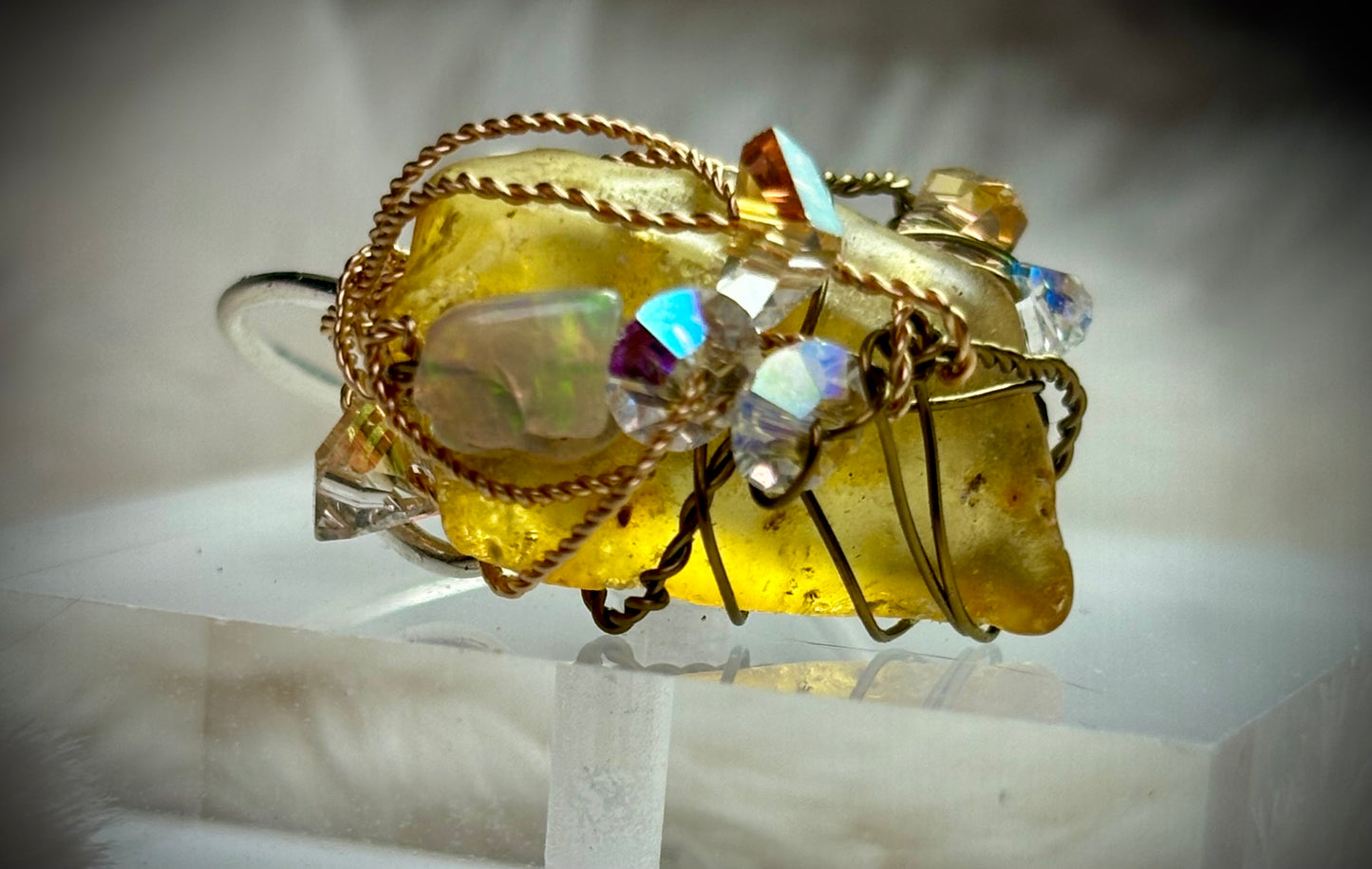Amber and Opal ring: ancient fire