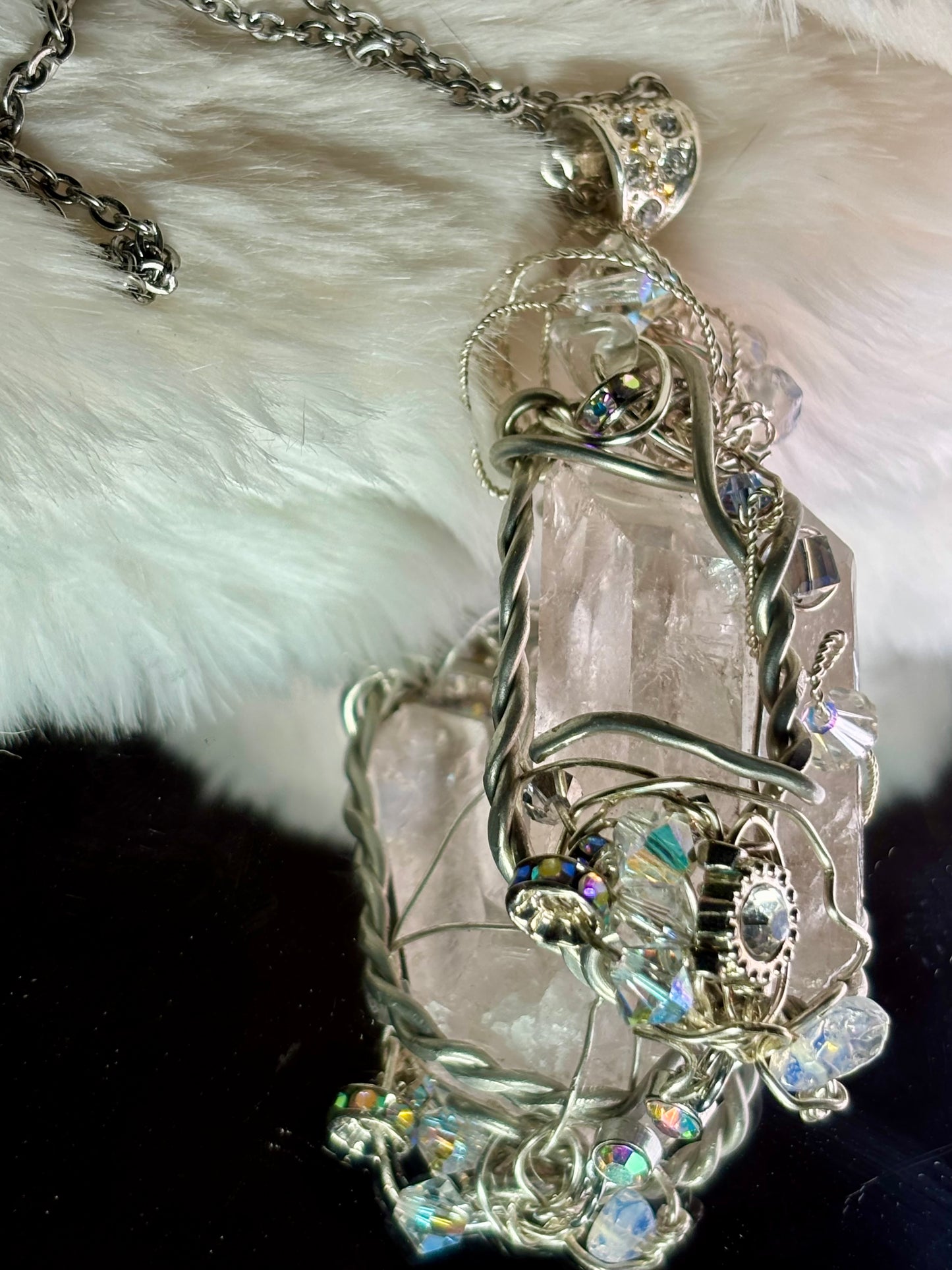 Crystal and quartz crystal pendant: TWIN PILLARS OF CLARITY ￼ ￼