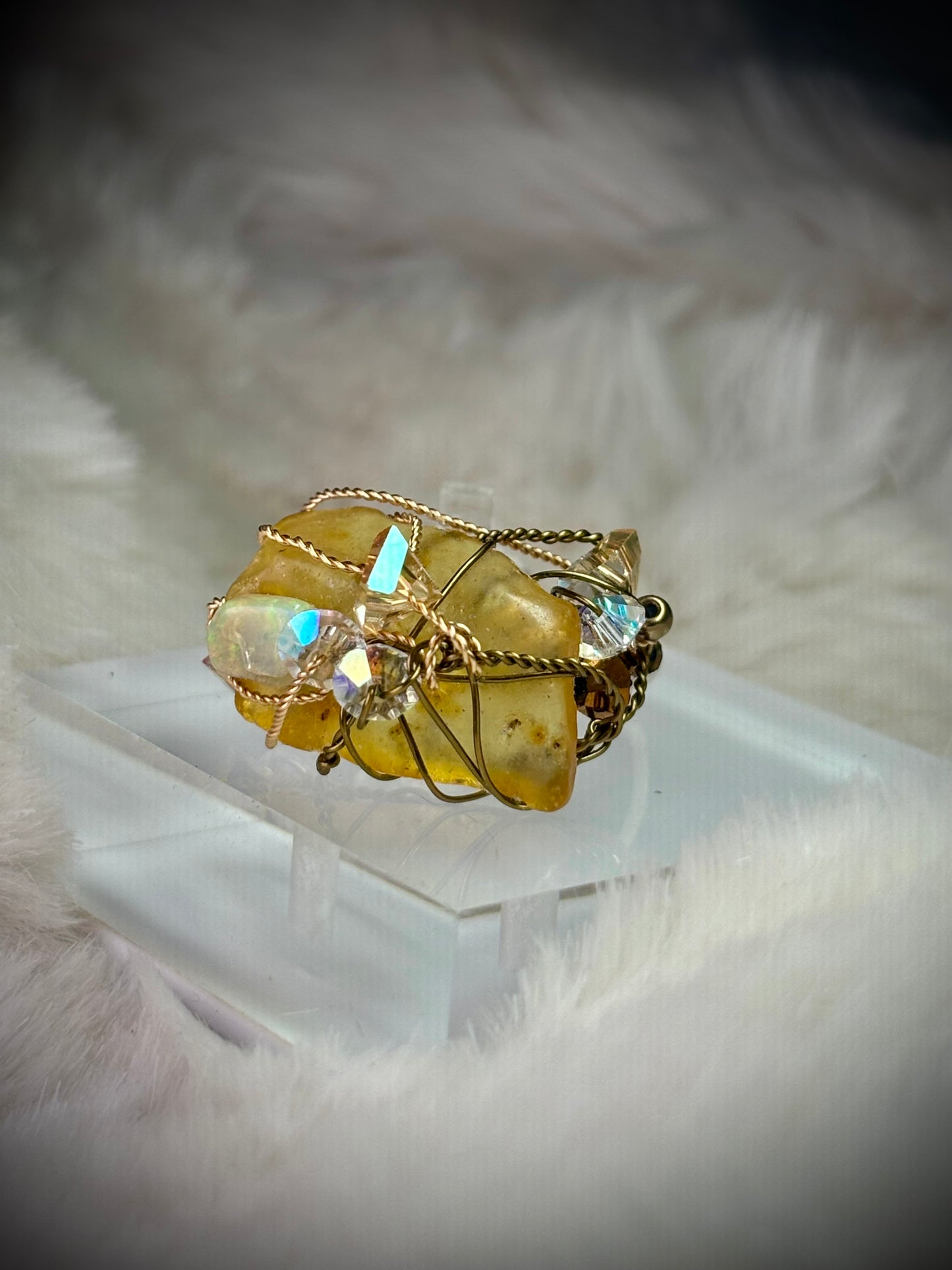 Amber and Opal ring: ancient fire