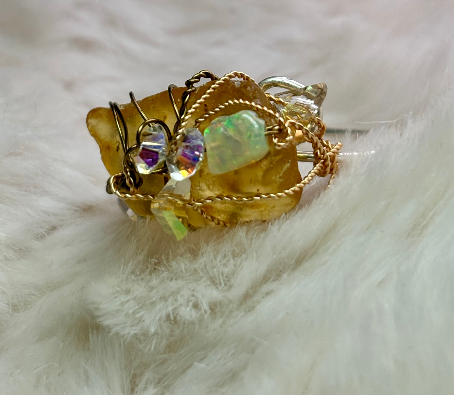 Amber and Opal ring: ancient fire
