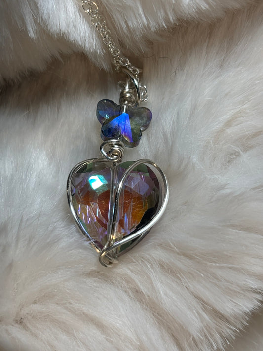 Crystal heart, and butterfly pendant