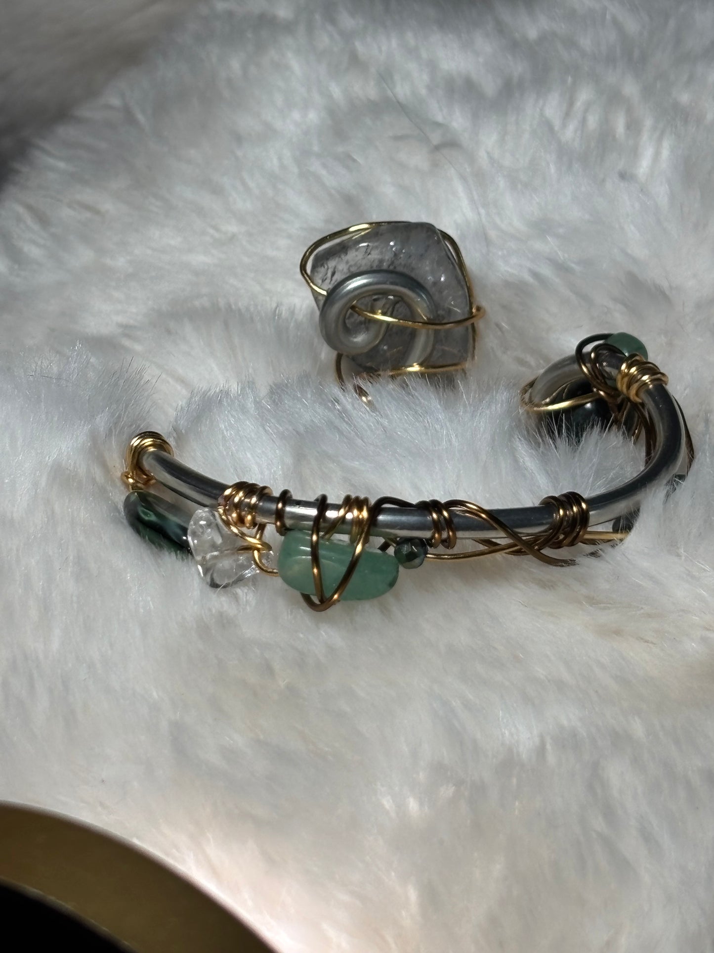 Tourmalinated Quartz (Quartz with Black Tourmaline inclusions), Peruvian Turquoise, Advertine Bracelet: Branches of Protection