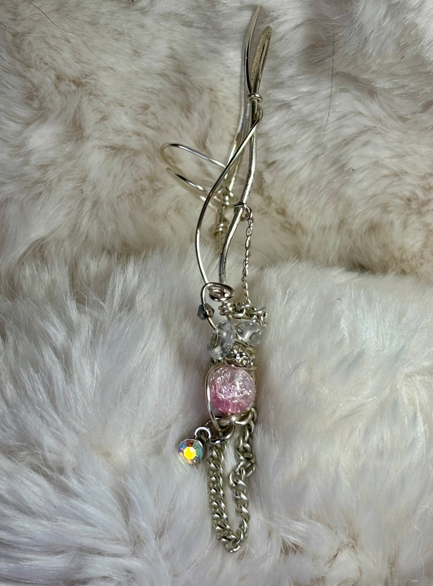 The Phoenix Spark: pink fractured quartz crystal (right) ear cuff￼