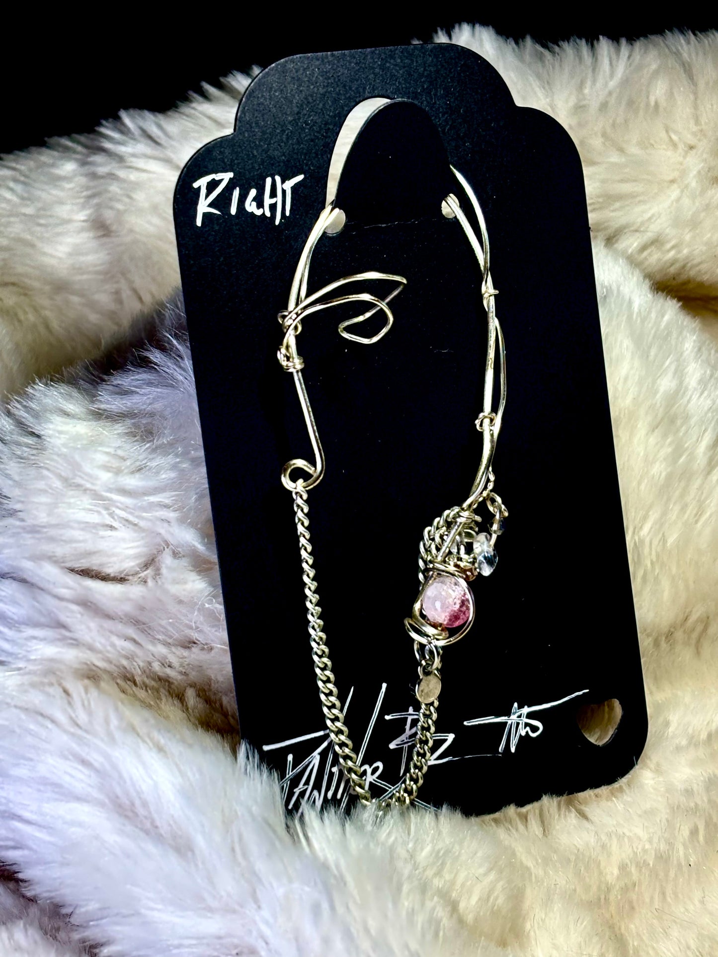 The Phoenix Spark: pink fractured quartz crystal (right) ear cuff￼