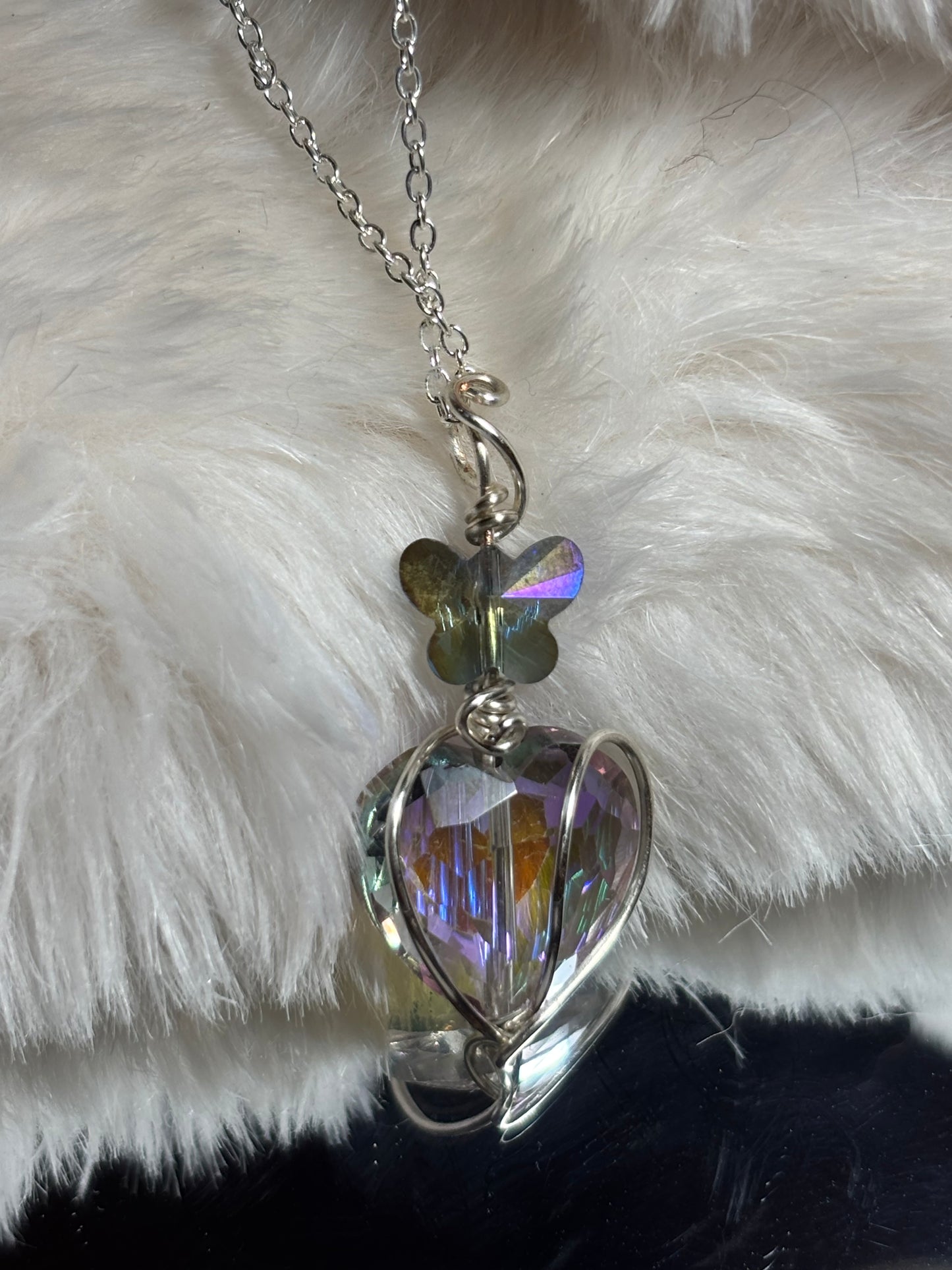 Crystal heart, and butterfly pendant